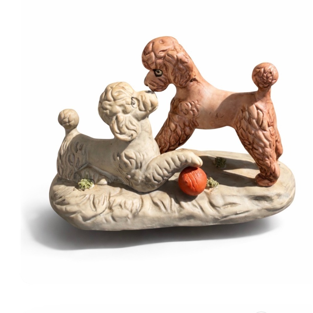 Vintage Royal Crown Poodles Playing with Ball Ceramic Figurine Matte Taiwan